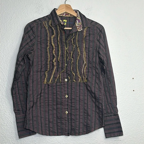 7 for all Mankind Button Down‎ Ruffle Front Long Sleeve Shirt Size Small Cotton - Picture 1 of 7